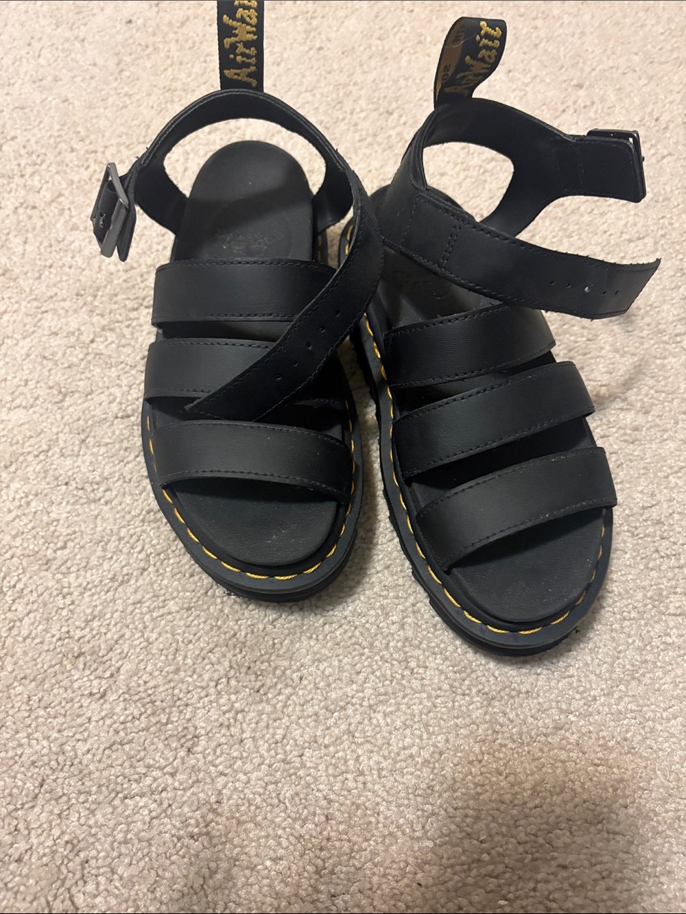 Dr. Martens Black Leather Kids Sandals with Yellow Stitch